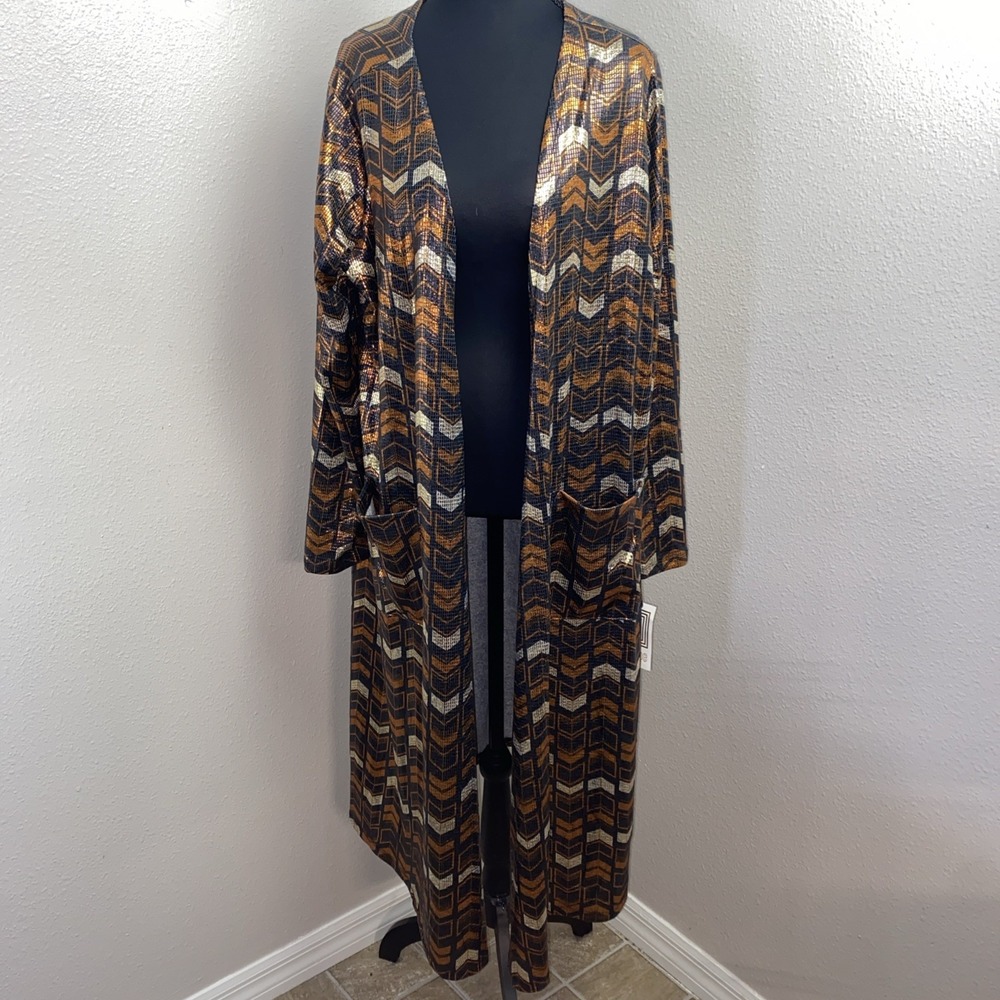 NWT Lularoe Sarah Cardigan Women's Large Black & Gold Metallic Chevron Foil